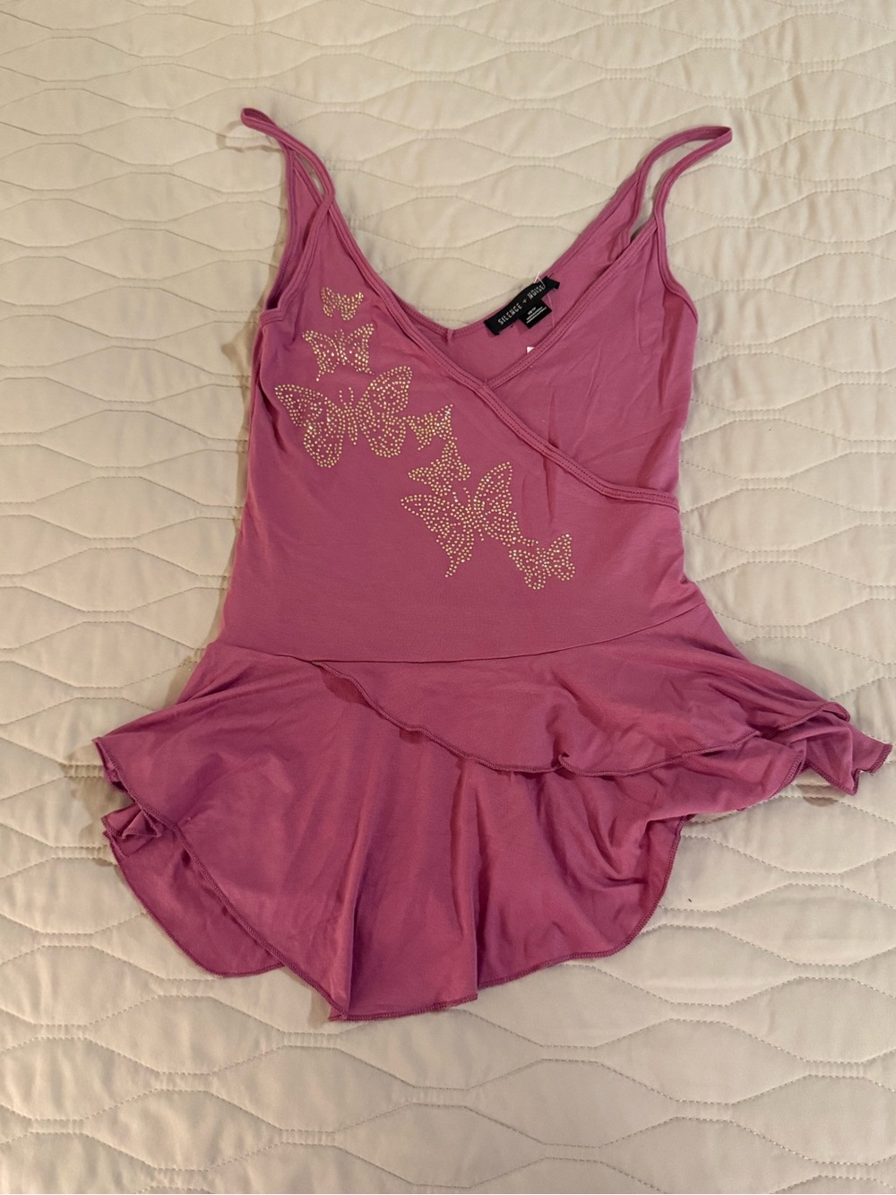 silence + noise Pink Rhinestone Butterfly Ruffle Camisole